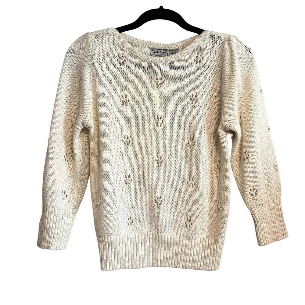 Nicole Curie Vintage Pearl Detail Silk Angora Cream Sweater M